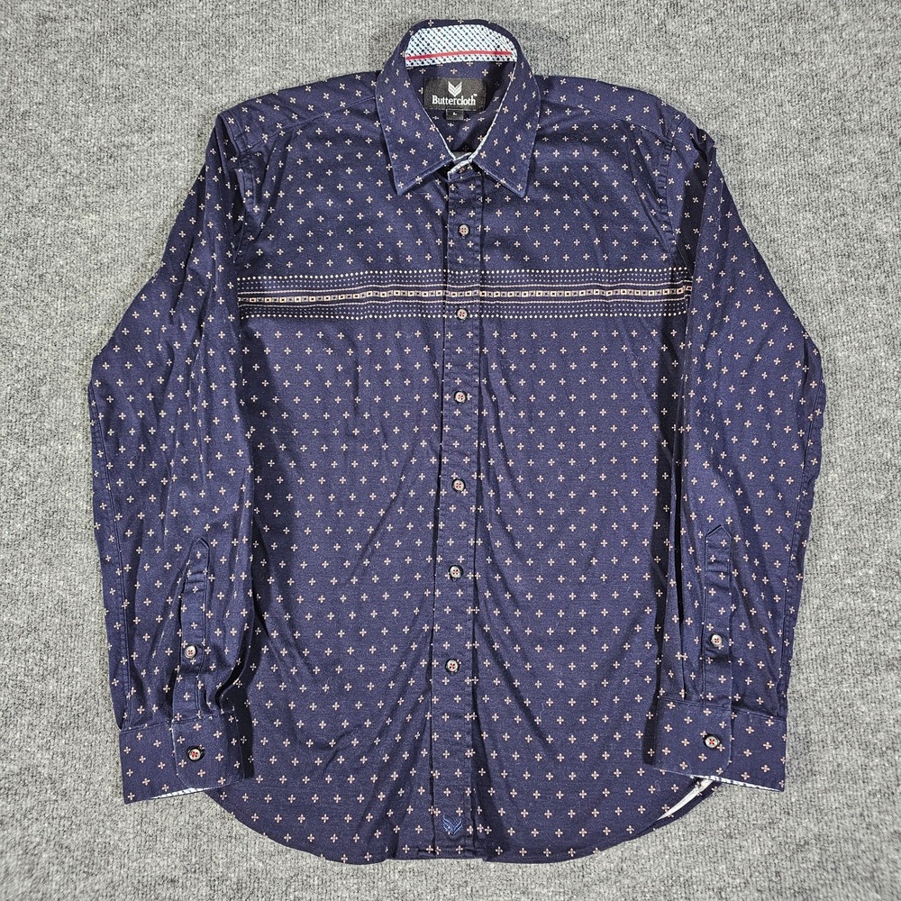 Butter Cloth Shirt Blue Button Up Stretch Geometric Flip Cuff Collar Mens L